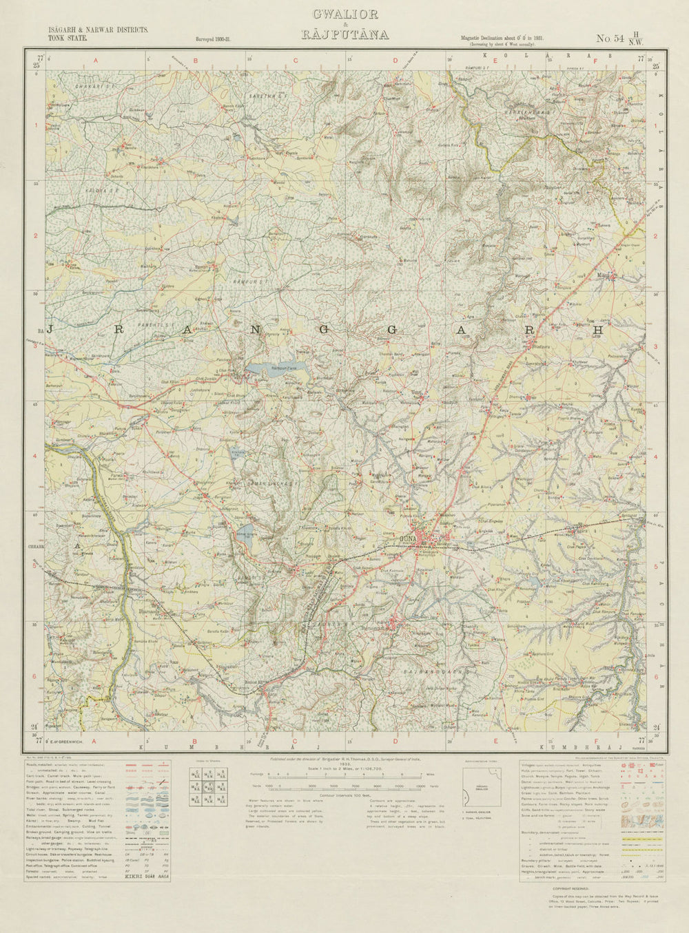 SURVEY OF INDIA 54 H/NW Madhya Pradesh Rajasthan Guna Umri Bajrangarh 1933 map