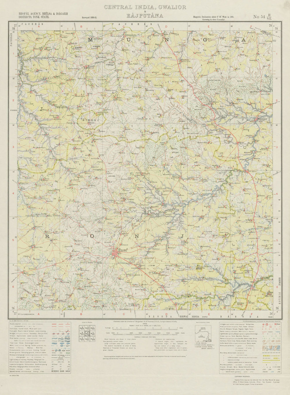 SURVEY OF INDIA 54 H/SE Madhya Pradesh Sironj Gulabhganj Singhada Uhar 1933 map