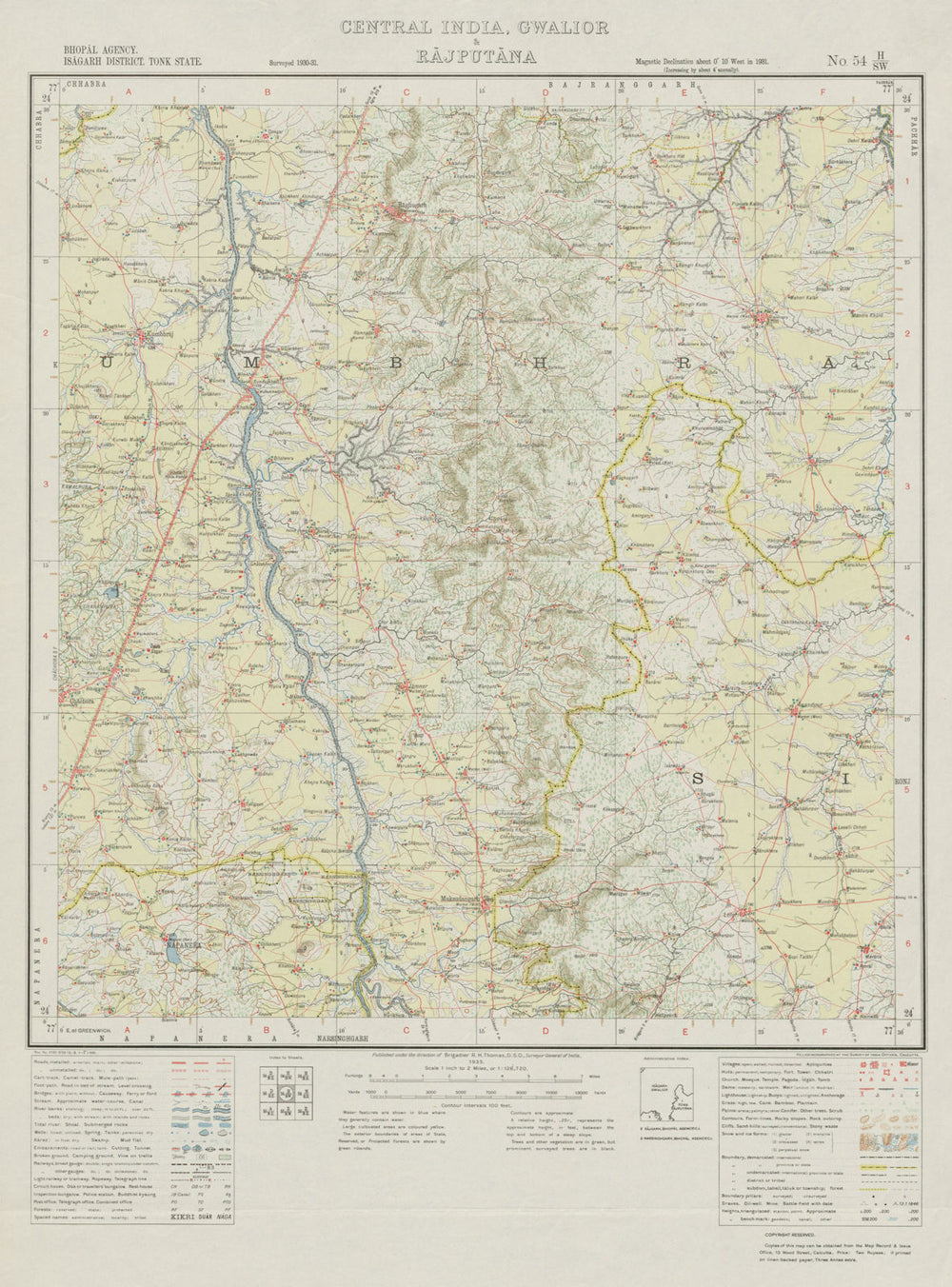 SURVEY OF INDIA 54 H/SW Madhya Pradesh Aron Raghogarh Lateri Anandpur 1933 map