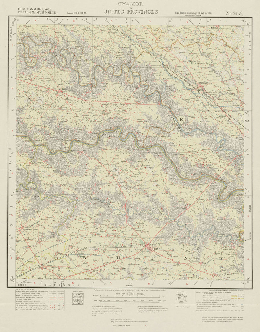 SURVEY OF INDIA 54 J/NE Madhya/Uttar Pradesh Bhind Bah Jaswantnagar 1923 map