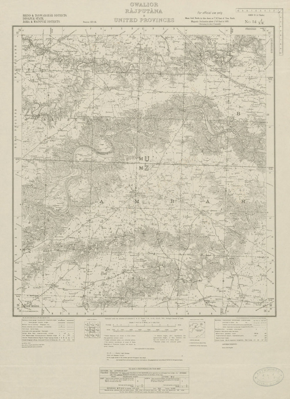 SURVEY OF INDIA 54 J/NW Rajastan Madhya/Uttar Pradesh Ambah Rajakhera 1924 map