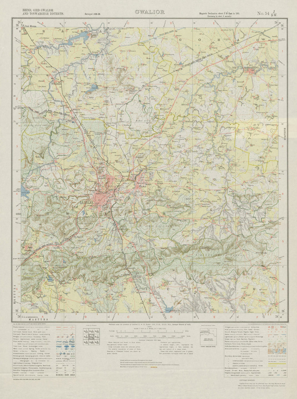 SURVEY OF INDIA 54 J/SW Madhya Pradesh Gwalior Fort Gohad Nurabad Antri 1932 map
