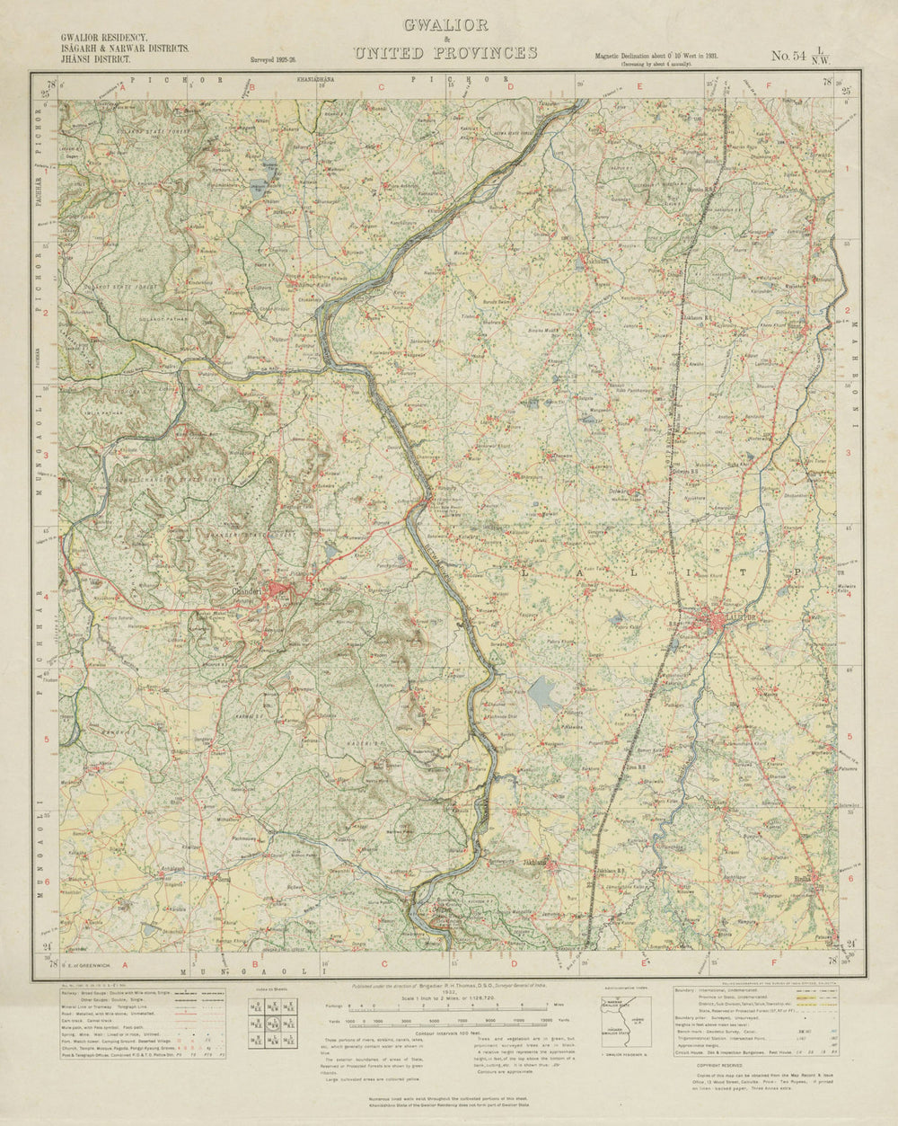 SURVEY OF INDIA 54 L/NW Madhya/Uttar Pradesh Lalitpur Chanderi Rajghat 1932 map