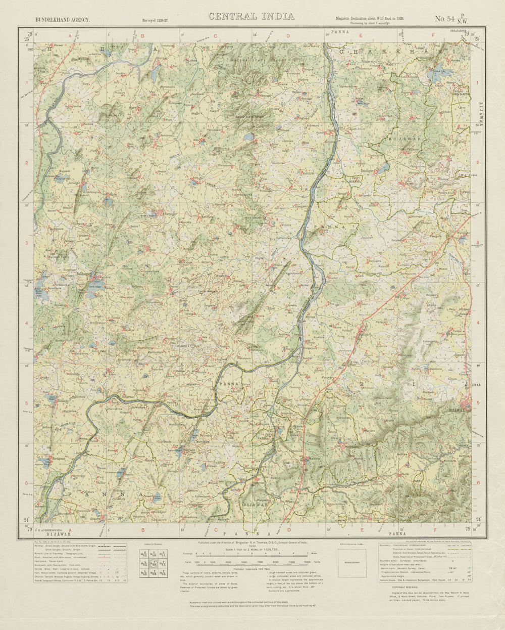 SURVEY OF INDIA 54 P/NW Madhya Pradesh Bijawar Bada Malhera Khargapur 1932 map