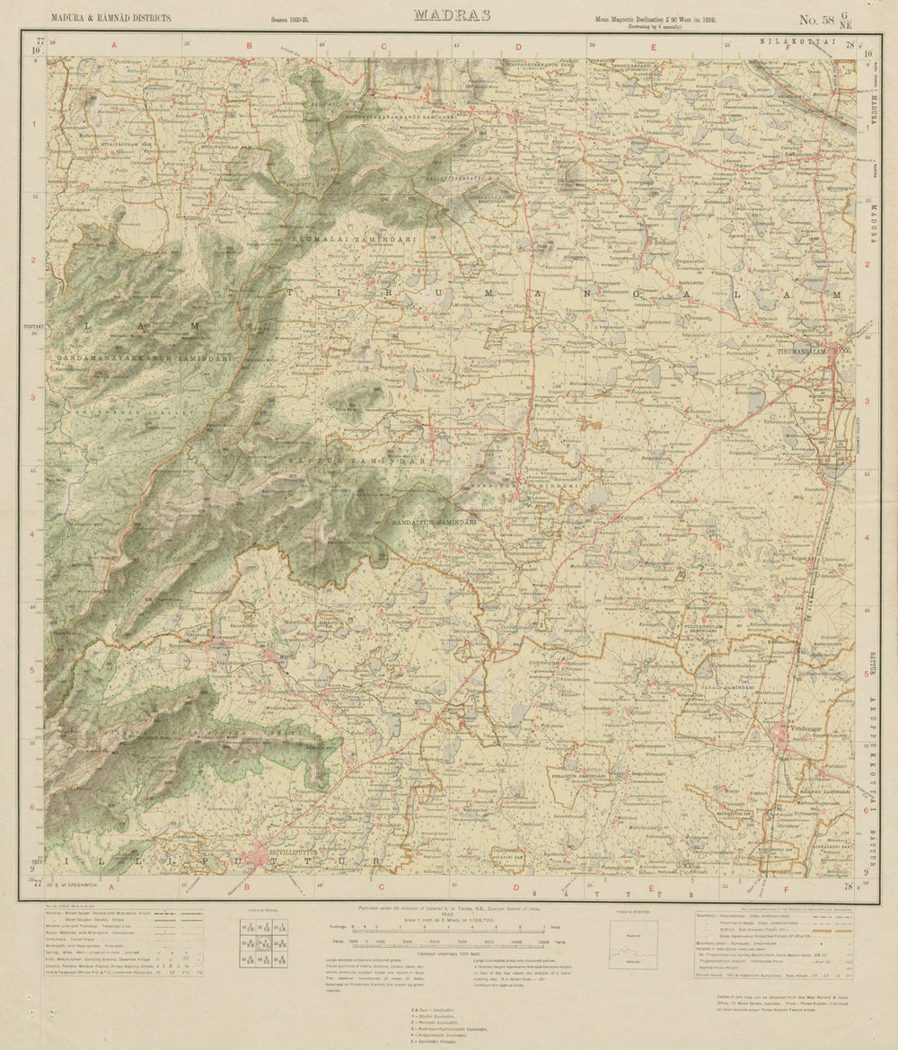 SURVEY OF INDIA 58 G/NE Tamil Nadu Tirumangalam Elumalai Srivilliputhur 1925 map