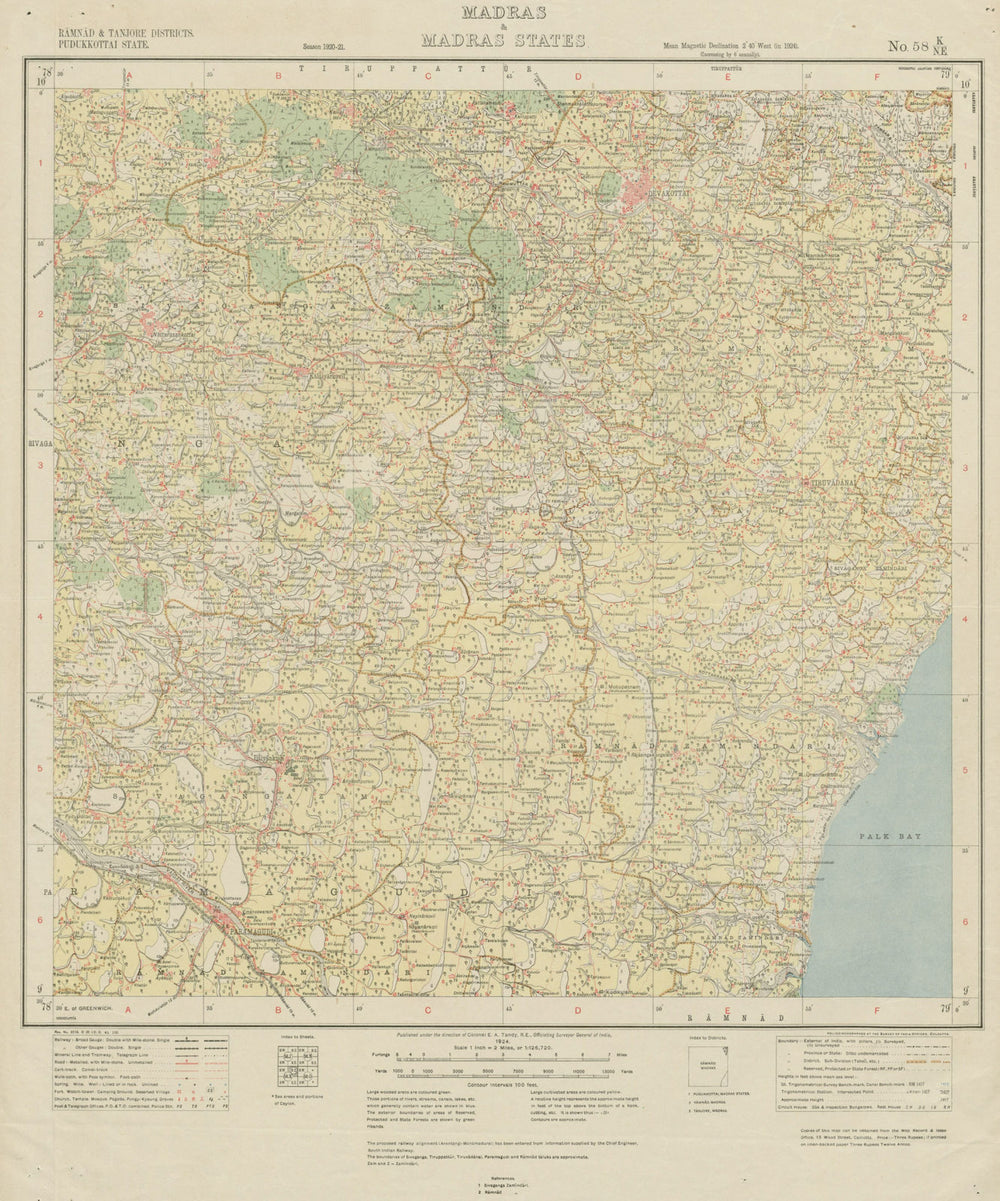 SURVEY OF INDIA 58 K/NE Tamil Nadu Devakottai Paramakudi Palk Bay 1924 old map