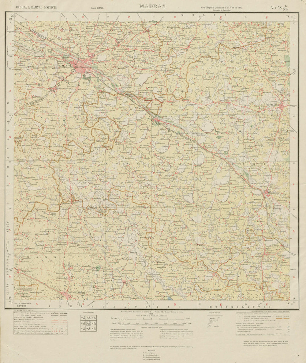 SURVEY OF INDIA 58 K/NW Tamil Nadu Madurai Aruppukkottai Sivaganga 1925 map