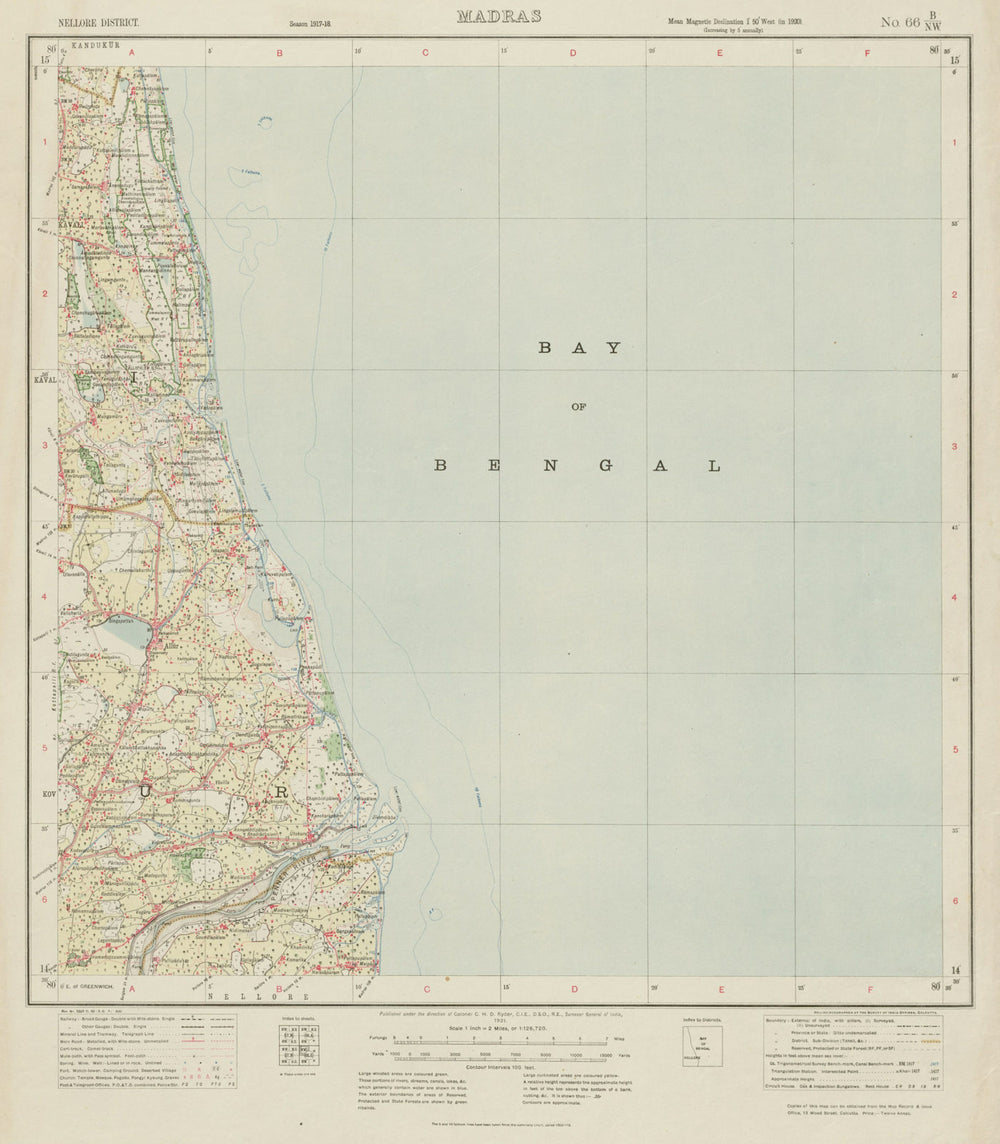 SURVEY OF INDIA 66 B/NW Andhra Pradesh Kavali Allur Isakapalle Mypadu 1921 map