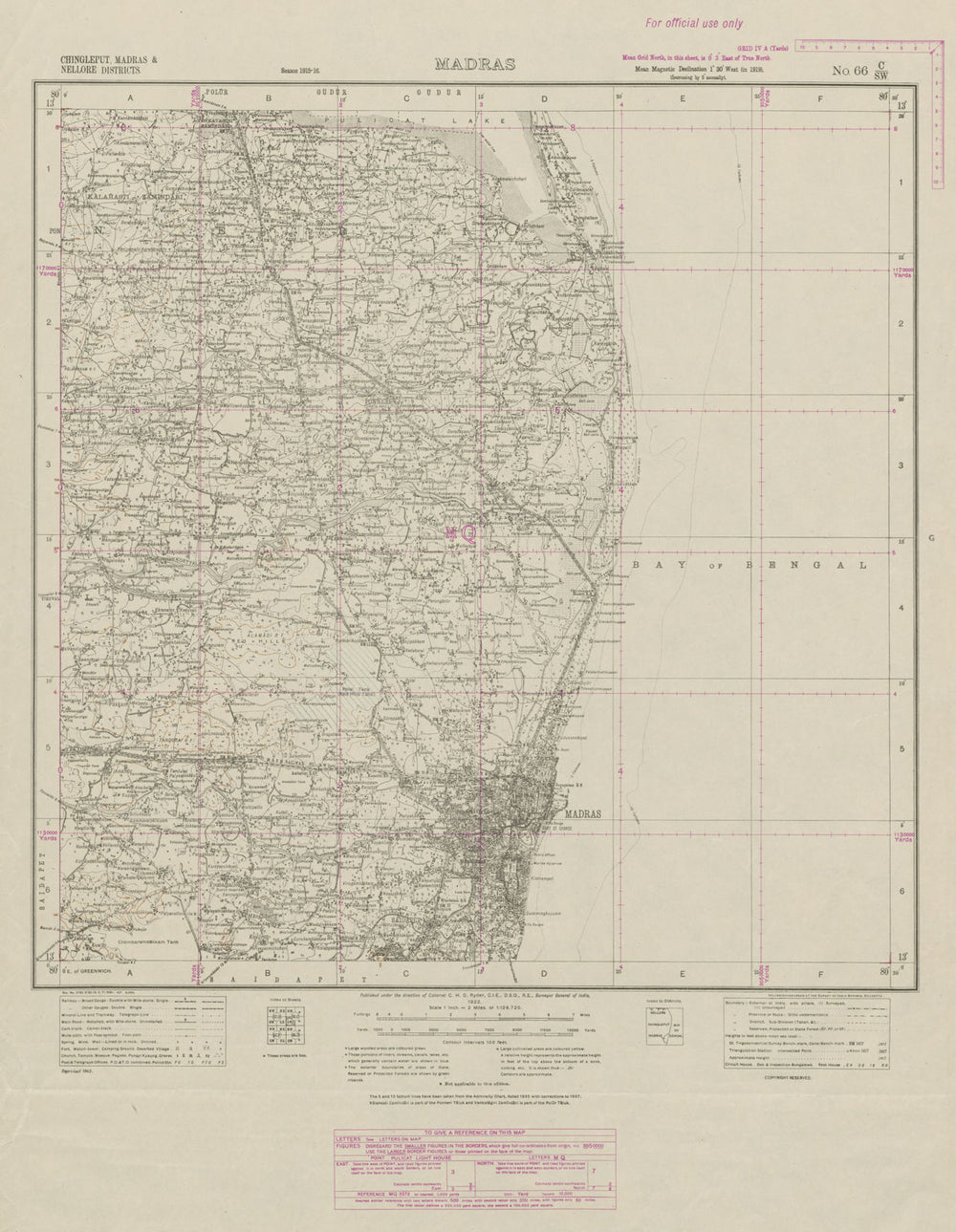 SURVEY OF INDIA 66 C/SW Tamil Nadu Chennai Madras Pulicat Lake Ponneri 1922 map