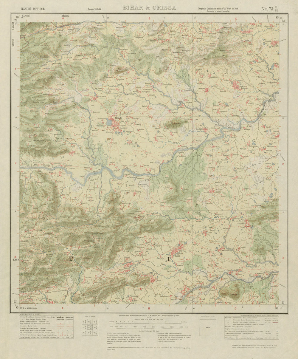SURVEY OF INDIA 73 E/12 Jharkhand Bundu Tamar Sonahatu Kanchi River 1928 map