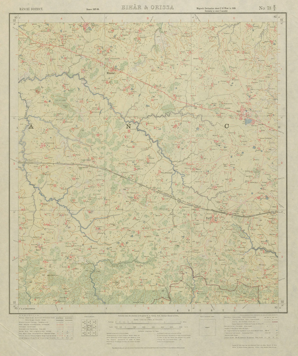 SURVEY OF INDIA 73 E/3 Jharkhand Mandar Jariya Nagri Bero Loiva Nurju 1928 map