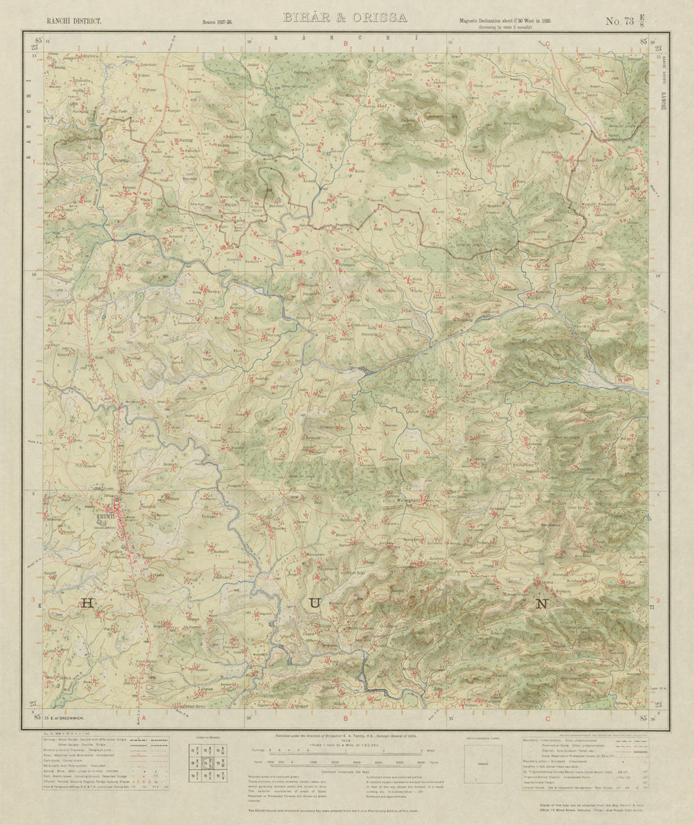 SURVEY OF INDIA 73 E/8 Jharkhand Khunti Hardag Omto Lotor Kalamati 1928 map