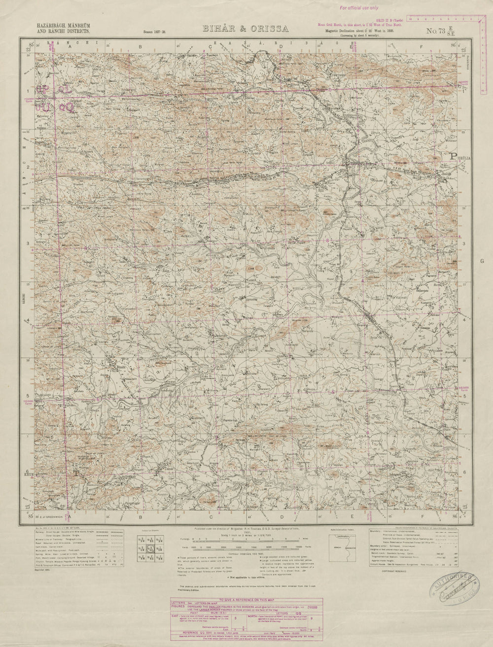 SURVEY OF INDIA 73 E/SE West Bengal Muri Tamar Jhalda Bundu Lotang Kuda 1931 map