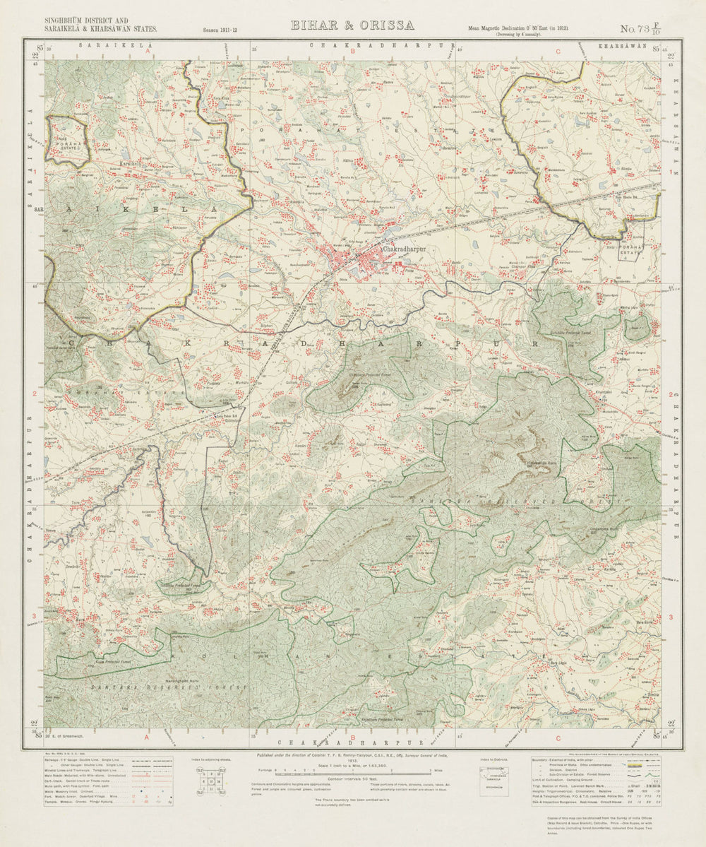 SURVEY OF INDIA 73 F/10 Jharkhand Chakhradharpur Chaibasa Forest 1913 old map