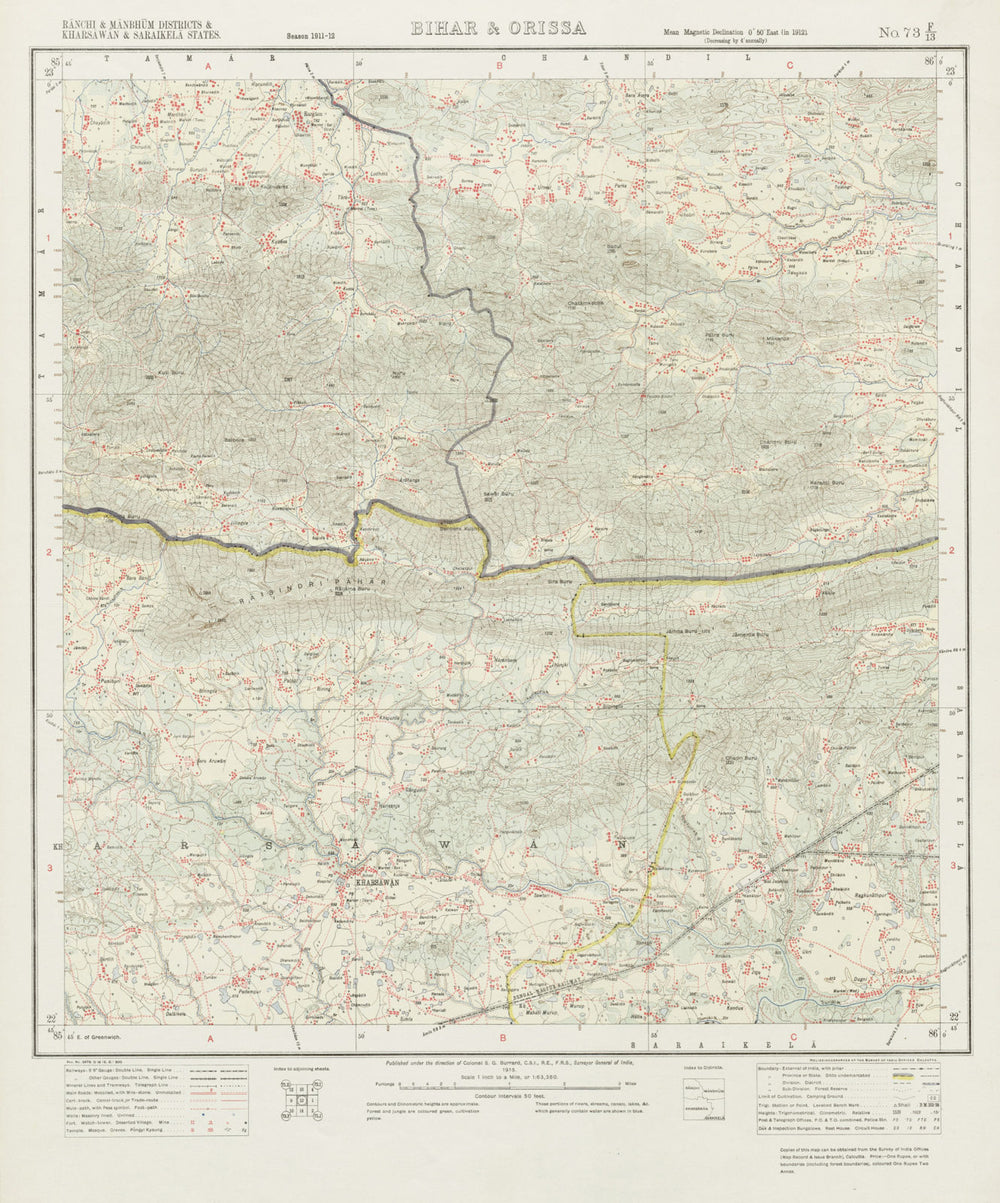 SURVEY OF INDIA 73 F/13 Jharkhand Kharsawan Chandil Gamharia Range 1913 map