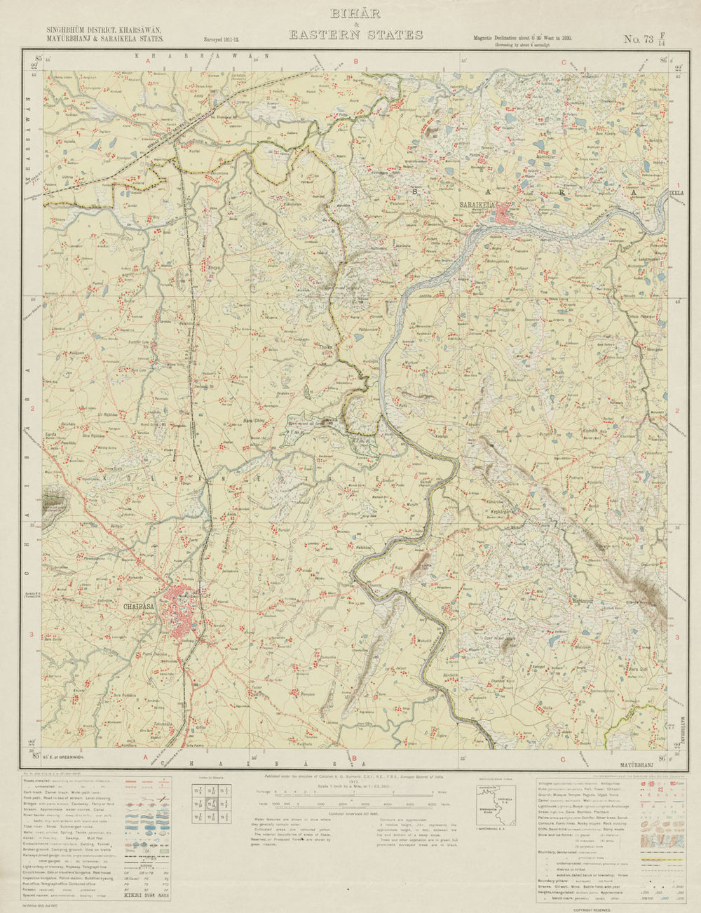 SURVEY OF INDIA 73 F/14 Jharkhand Chaibasa Saraikela Kharkai River  1913 map
