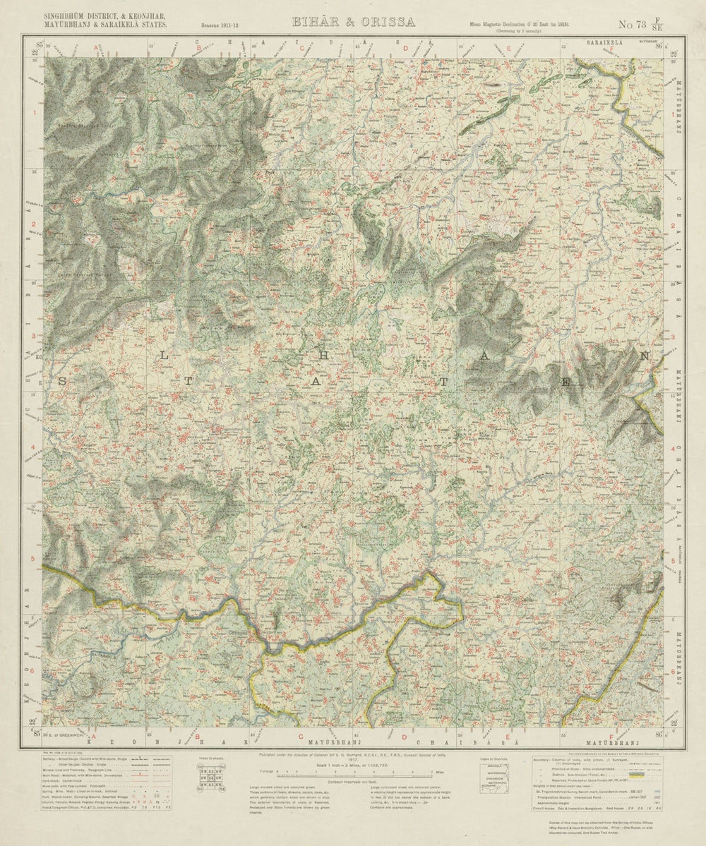 SURVEY OF INDIA 73 F/SE Jharkhand Odisha Jaintgarh Majhgaon Jorapokhar 1917 map