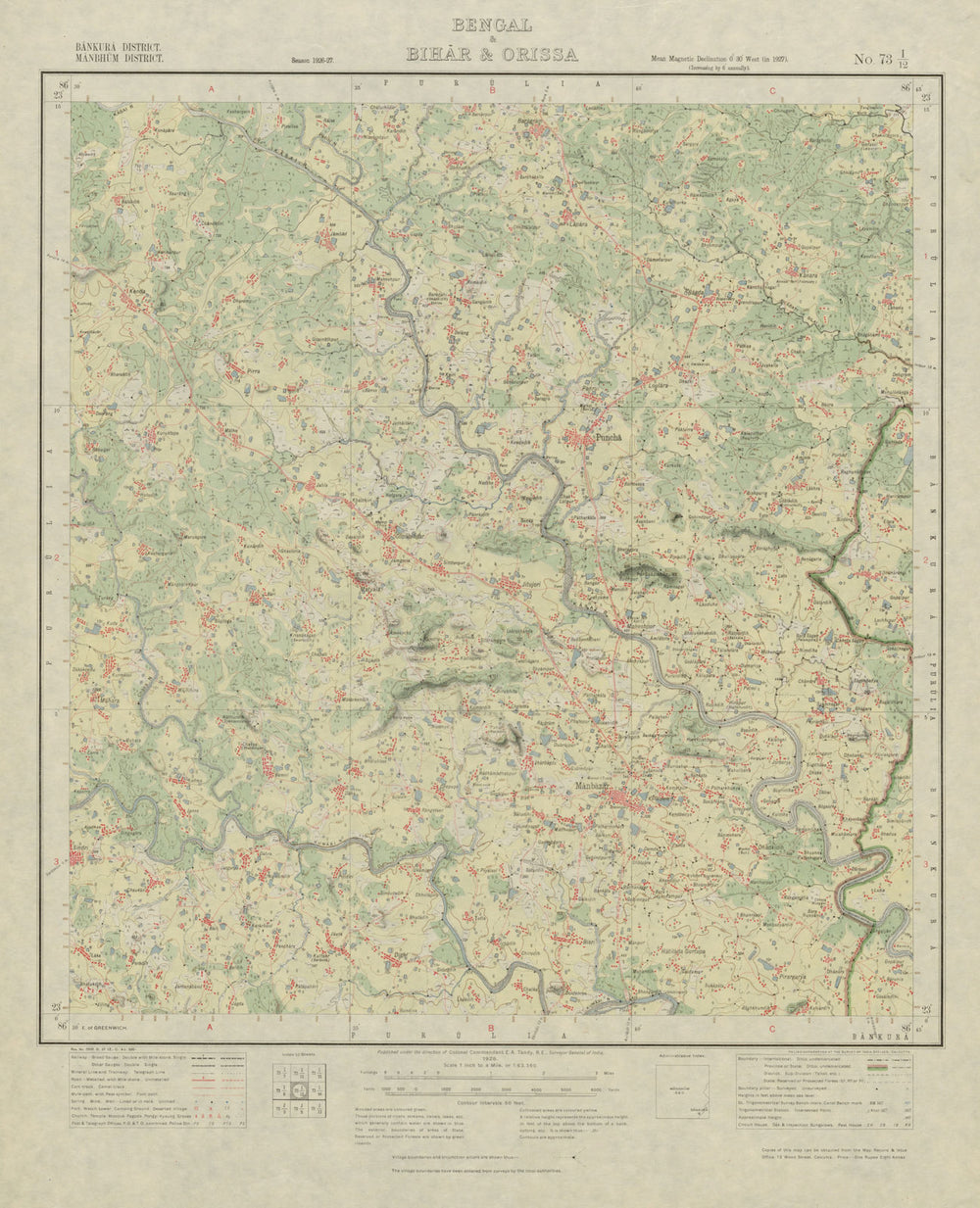 SURVEY OF INDIA 73 I/12 West Bengal Kenda Puncha Manbazar Kenda Bagda 1928 map