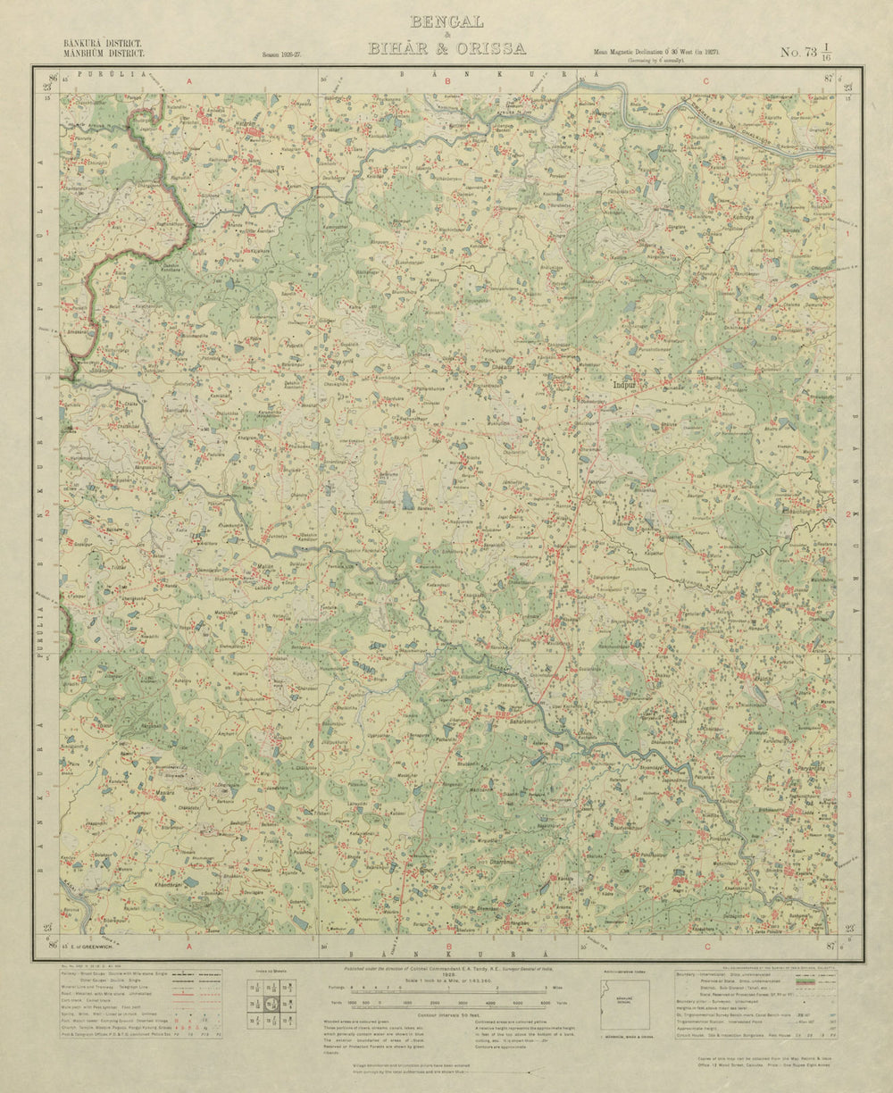 SURVEY OF INDIA 73 I/16 West Bengal Indpur Hirbandh Molian Pedda Bhojda 1928 map