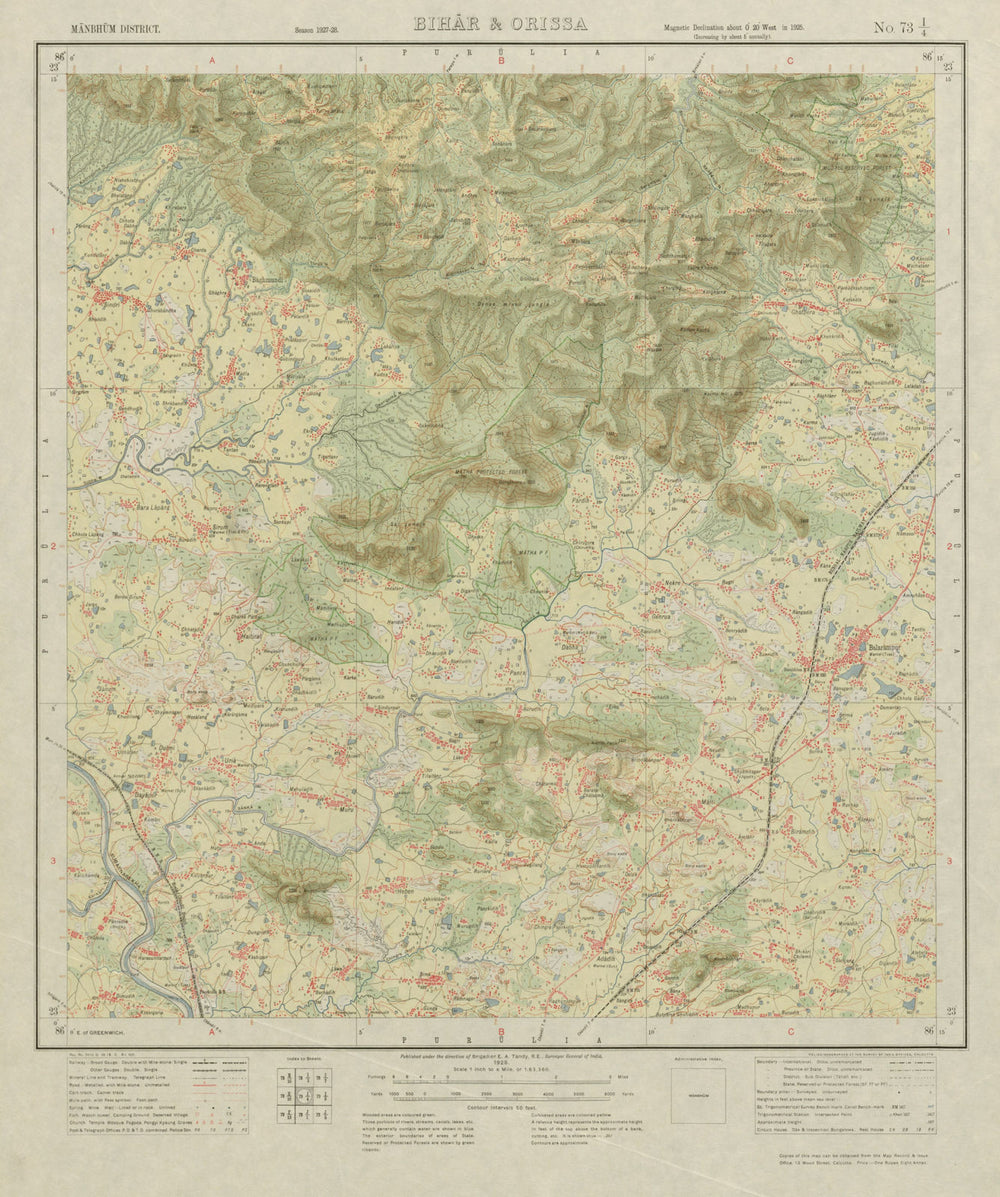 SURVEY OF INDIA 73 I/4 West Bengal Jharkhand Balarampur Ajodhya Hills 1928 map