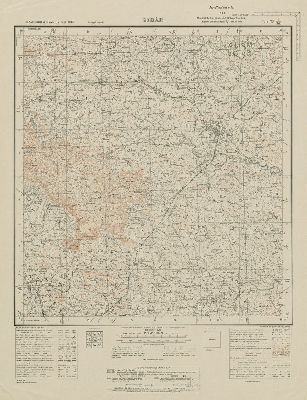 SURVEY OF INDIA 73 I/SW West Bengal Purulia Ajodhya Hills Balarampur 1929 map