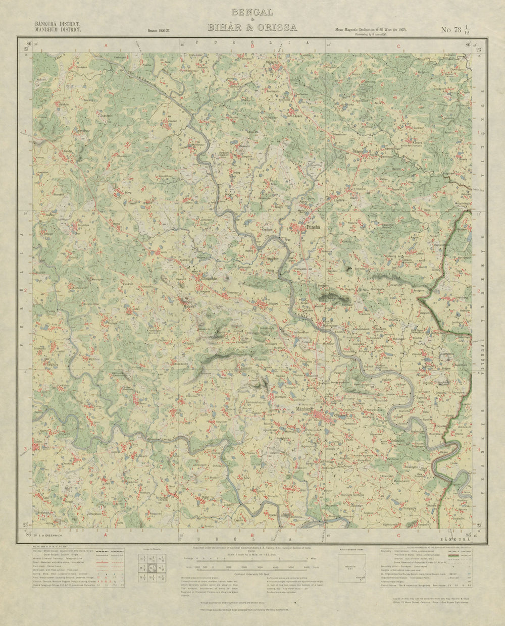 SURVEY OF INDIA 73 I/12 West Bengal Puncha Manzabar Bagda Kenda Napara 1928 map