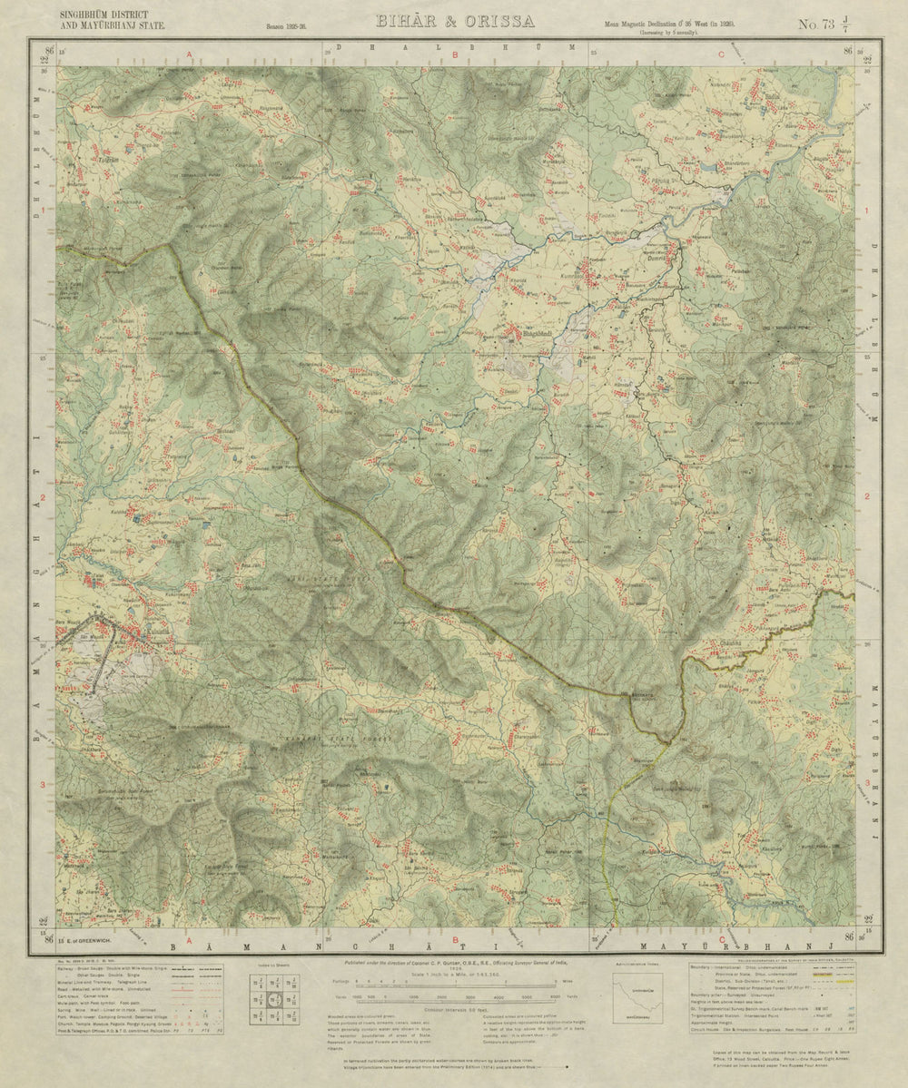SURVEY OF INDIA 73 J/7 Jharkhand Odisha Gorumahisani Ghuma Nuniya Bomro 1926 map