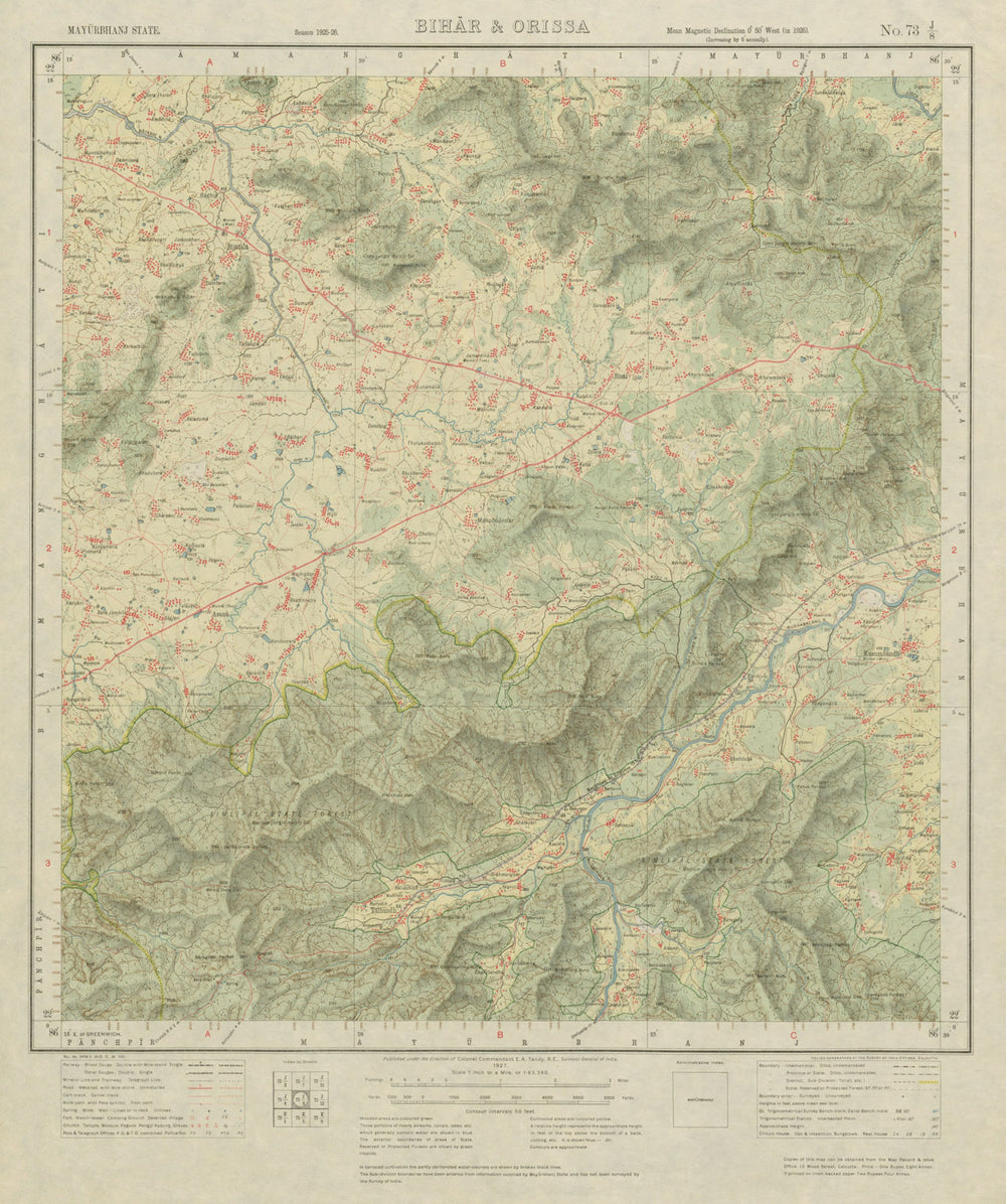 SURVEY OF INDIA 73 J/8 Odisha Similipal Park Tiger Reserve Bisoi  1927 old map