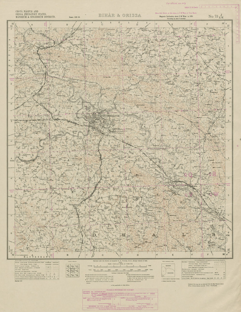 SURVEY OF INDIA 73 J/NW Jharkhand Jamshedpur Dalma Hilltop Sanctuary 1929 map