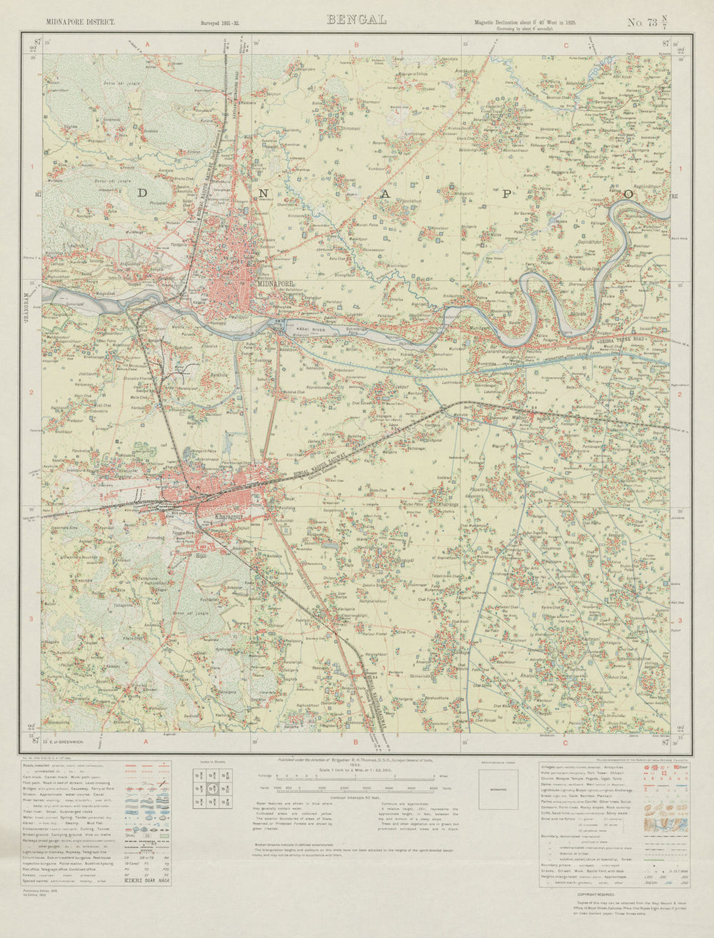 SURVEY OF INDIA 73 N/7 West Bengal Medinipur Kharagpur Kansabani River  1933 map