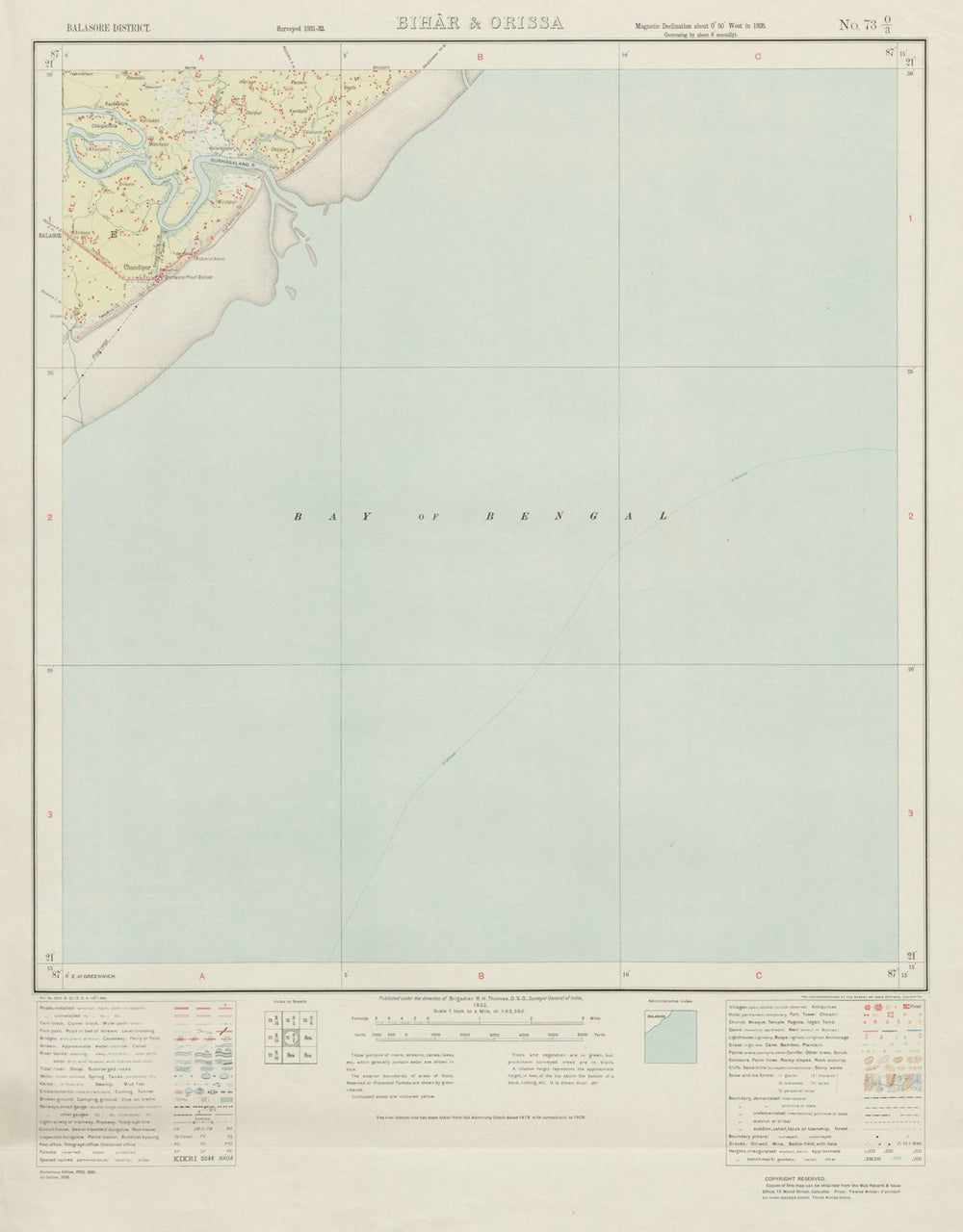 SURVEY OF INDIA 73 O/3 Odisha Chandipur-on-Sea Baleswar Budhabalang 1932 map