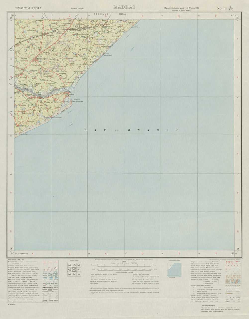 SURVEY OF INDIA 74 B/SW Andhra Pradesh Kalingapatnam Narasannapeta 1935 map