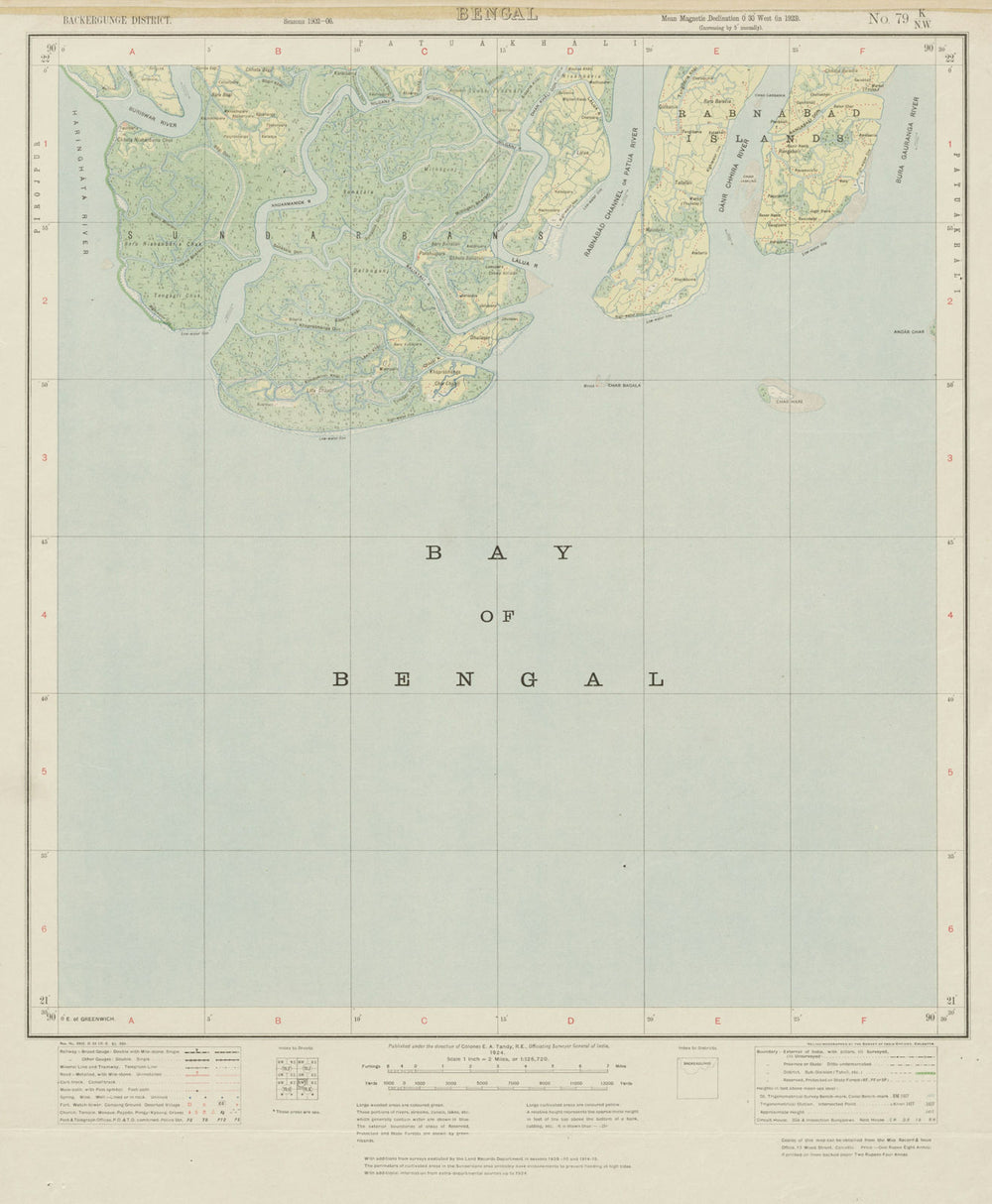 SURVEY OF INDIA 79 K/NW Bangladesh Khulna Rabnabad Sundarbans Kuakata 1924 map