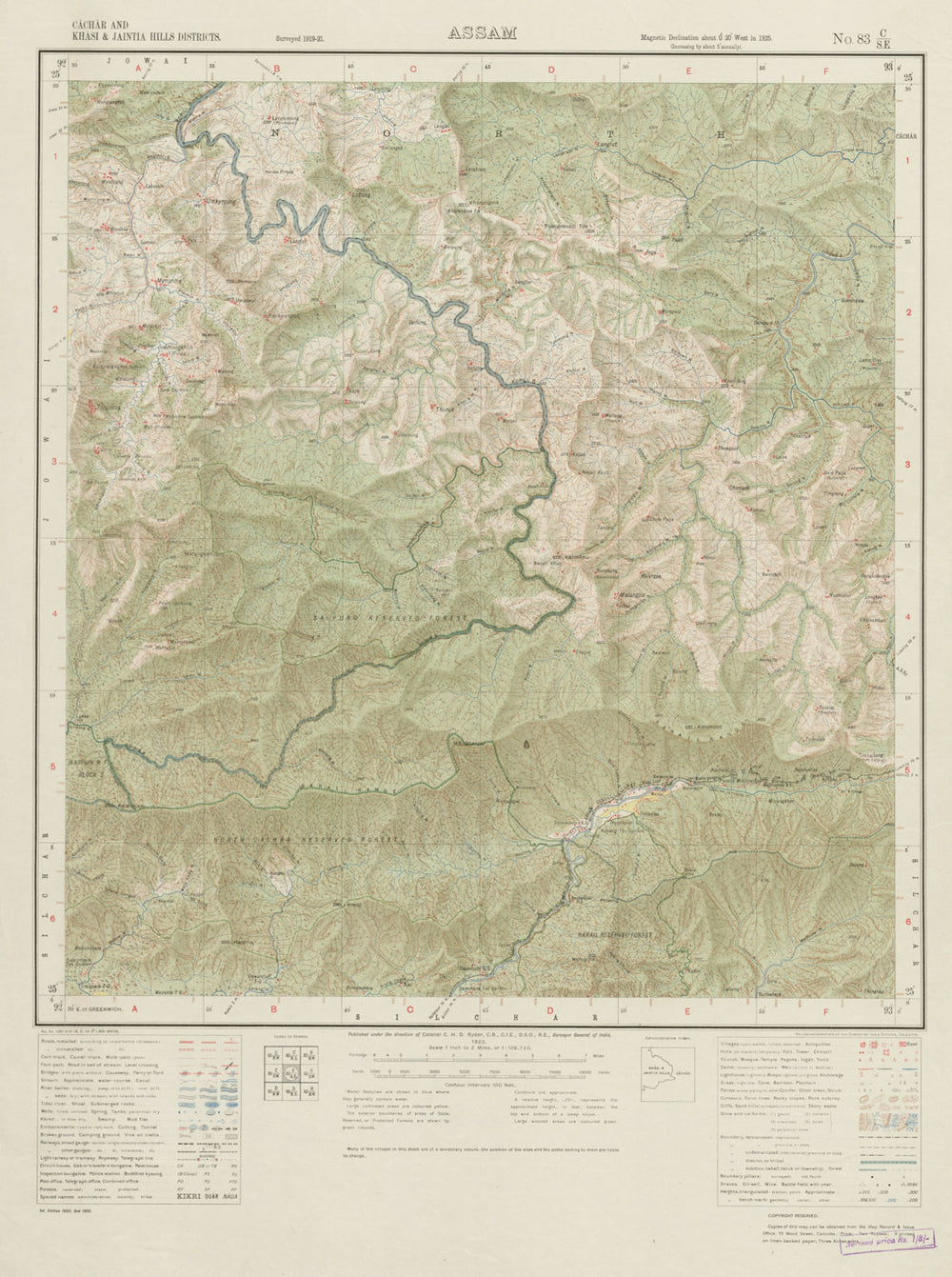 SURVEY OF INDIA 83 C/SE Assam Meghalaya Harangajao Saipung Forest  1923 map