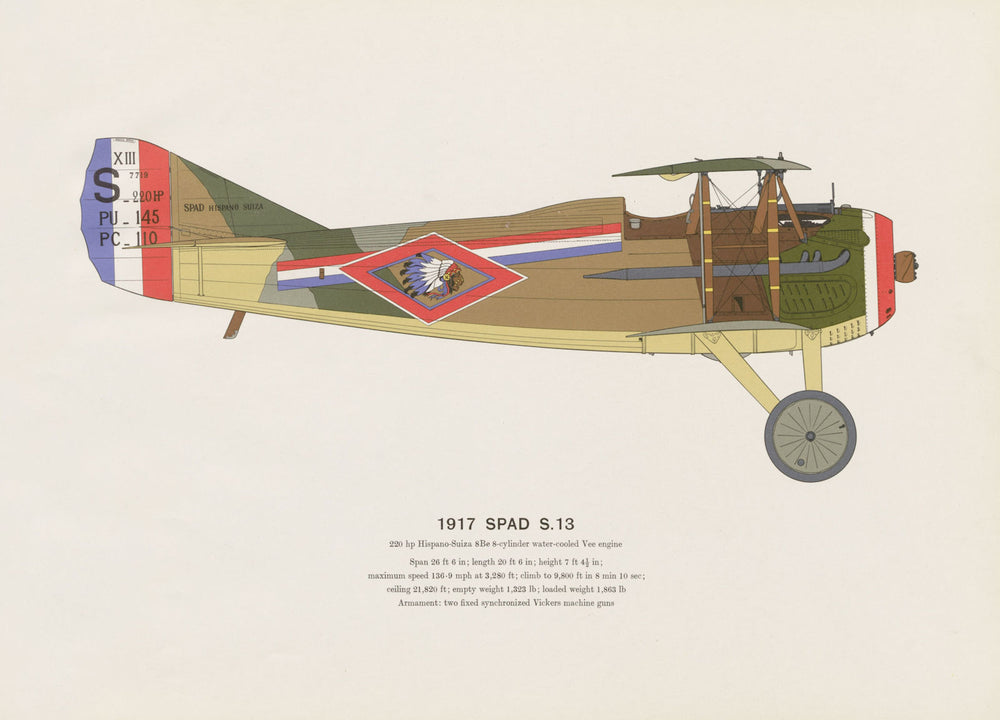 Spad S.13 (1917) vintage aeroplane print by Roy Cross. France 1962 old