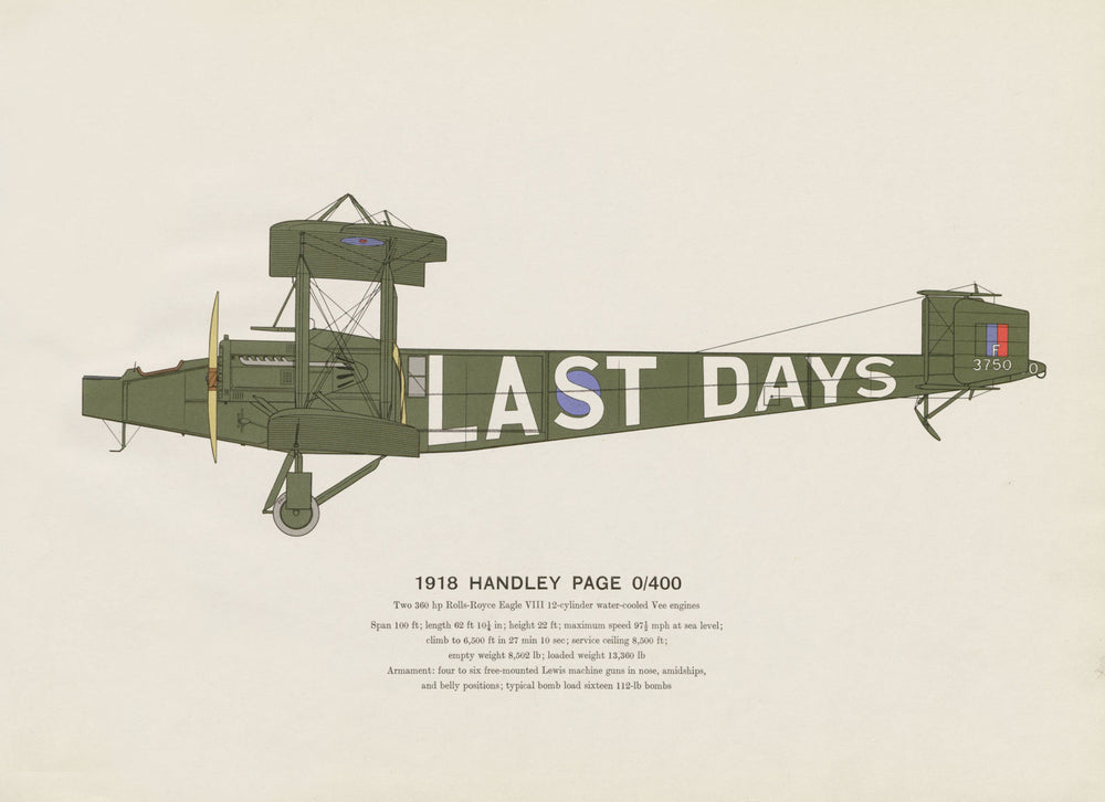 Handley Page 0/400 (1918) vintage aeroplane print by Roy Cross. UK 1962