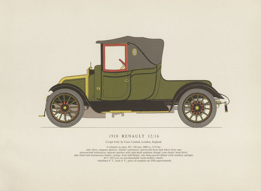 Renault 12/16 doctor's coupé (1910) motor car print. George Oliver. France 1959