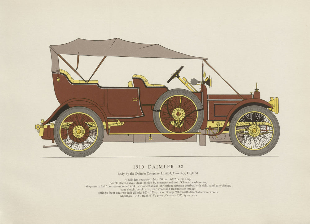 Daimler 38 touring car (1910) motor car print by George Oliver. Coventry 1959