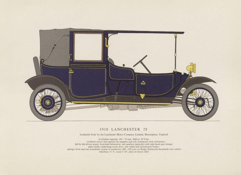 Lanchester 28 landaulet (1910) motor car print by George Oliver. Birmingham 1959