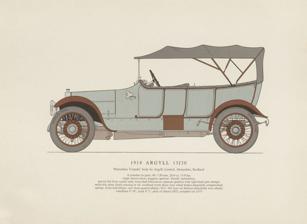 Argyll 15/30 touring car (1914) motor car print by George Oliver. Scotland 1959
