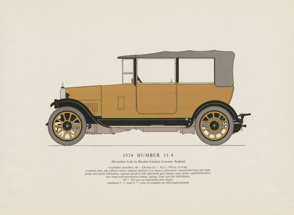 Humber 11.4 all-weather (1924) motor car print by George Oliver. Coventry 1961