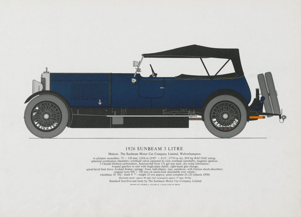 Sunbeam 3 litre (1926) sports car print by George Oliver. Wolverhampton 1967