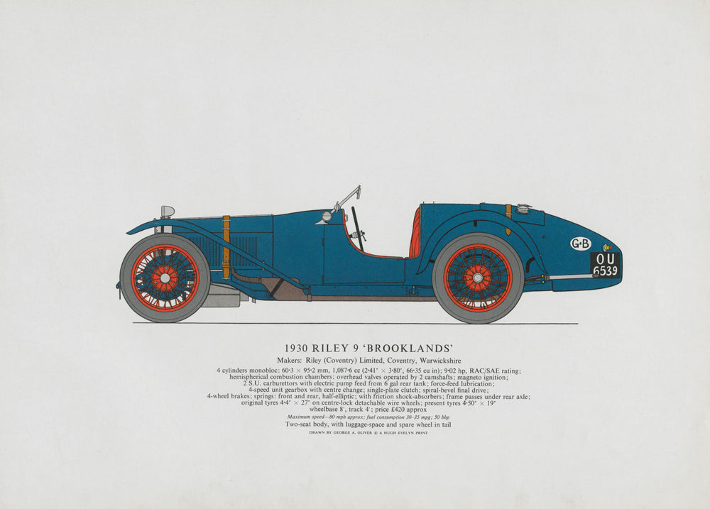 Riley 9 "Brooklands" (1930) sports car print by George Oliver. Coventry 1967