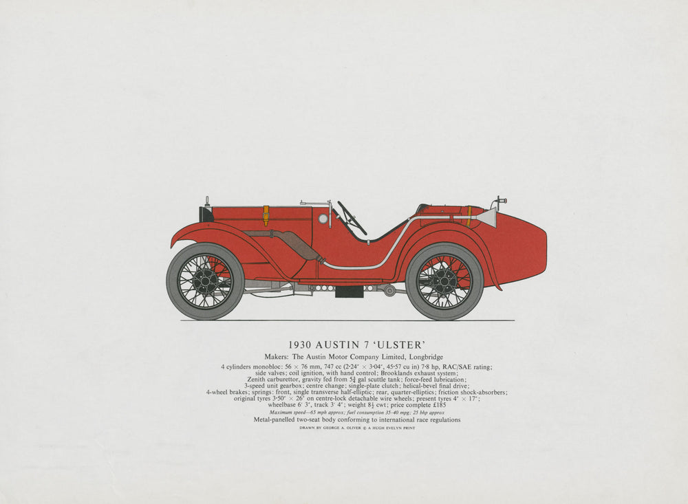 Austin 7 "Ulster" (1930) sports car print by George Oliver. Longbridge 1967
