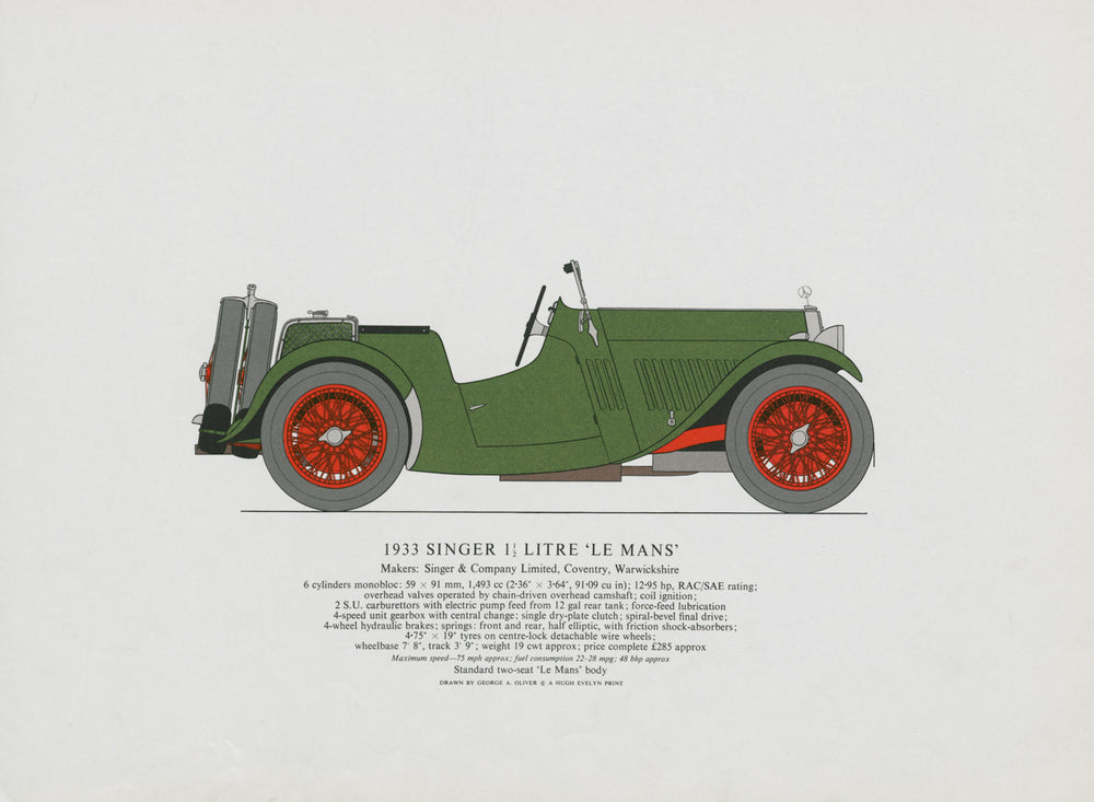 Singer 1.5 litre "Le Mans" (1933) sports car print. George Oliver. Coventry 1967