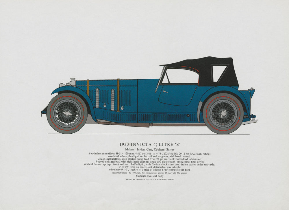 Invicta 4.5 litre "S" (1933) sports car print by George Oliver. Cobham 1967