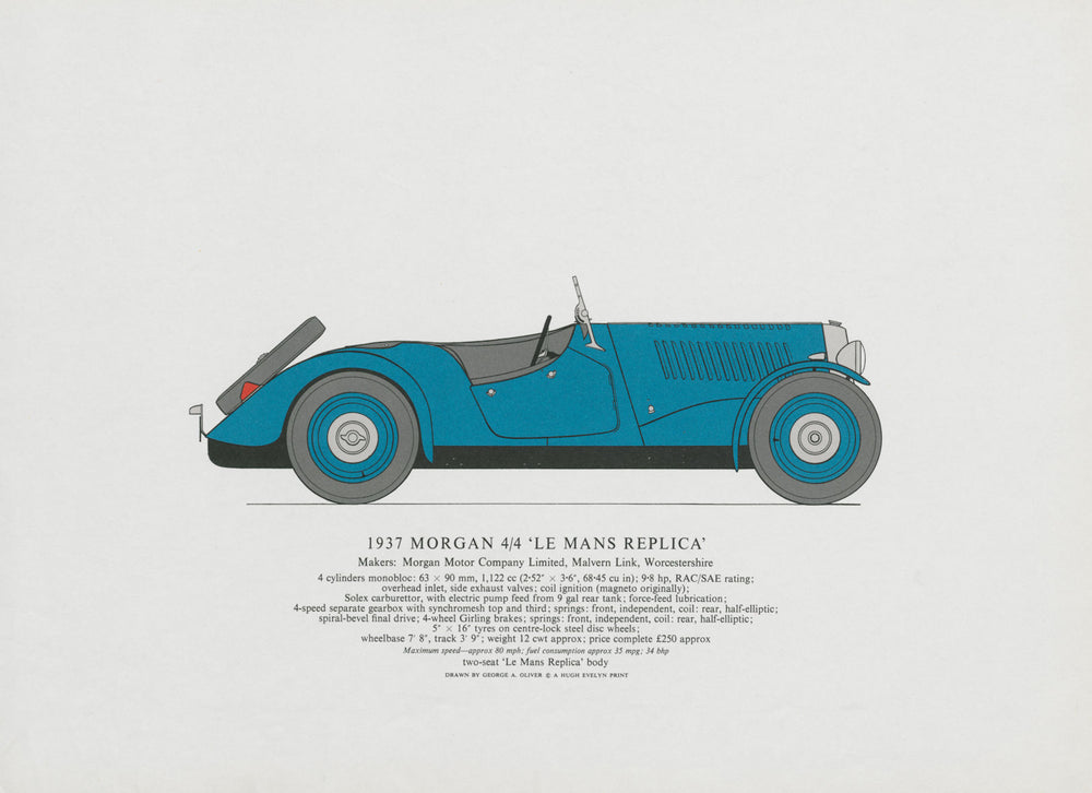 Morgan 4/4 Le Mans Replica (1937) sports car print. George Oliver. Malvern 1967