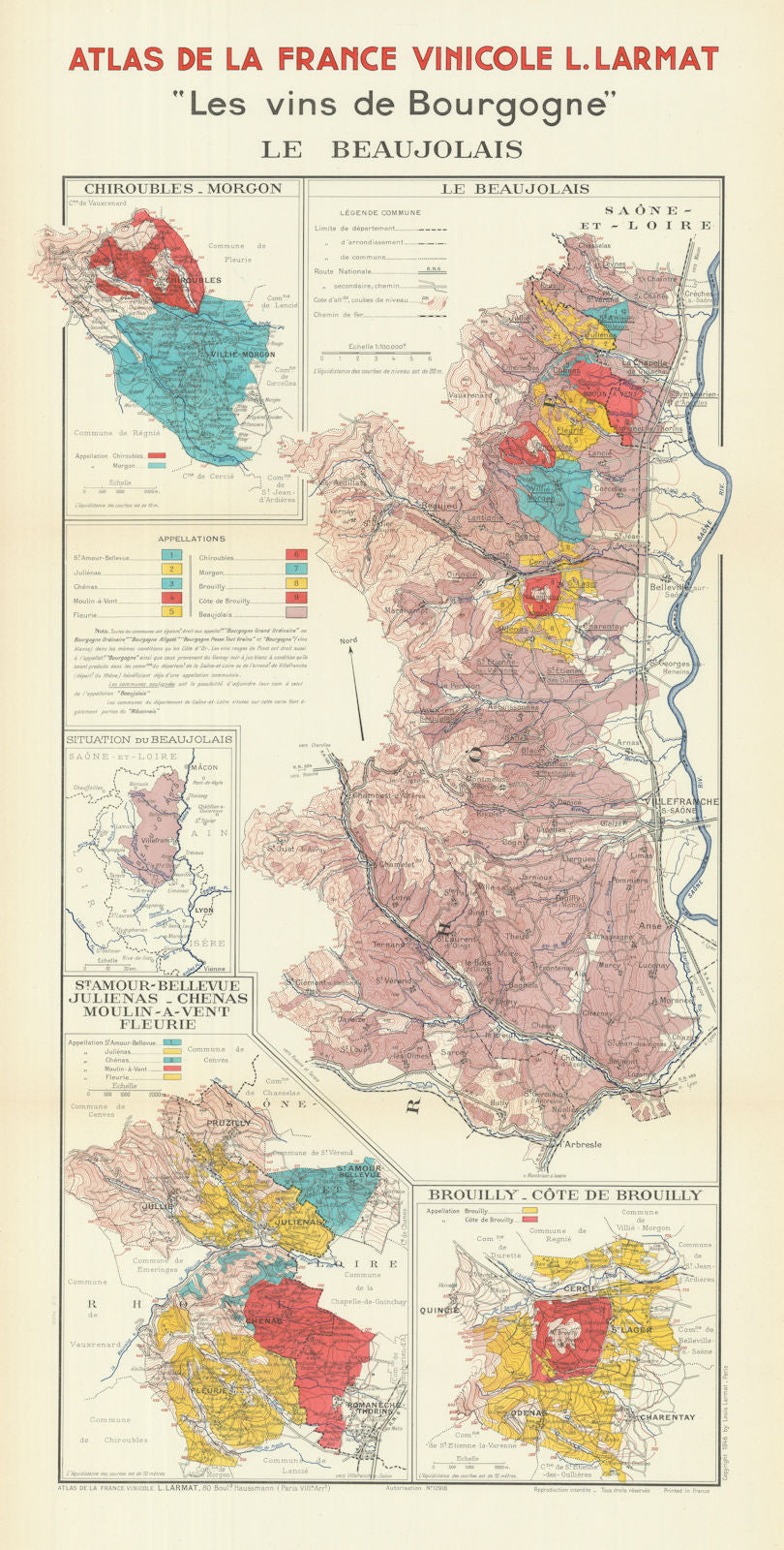 BURGUNDY BOURGOGNE WINE MAP Le Beaujolais. Appellations vineyards. LARMAT 1946