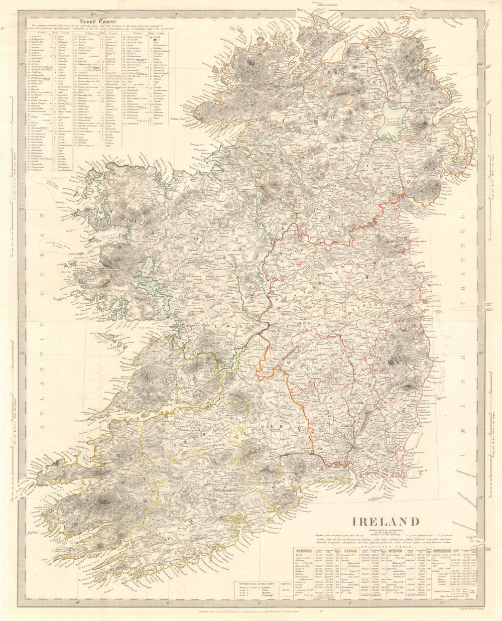 IRELAND on 2 sheets conjoined 50x62cm. Round towers Cloigthithe. SDUK 1845 map