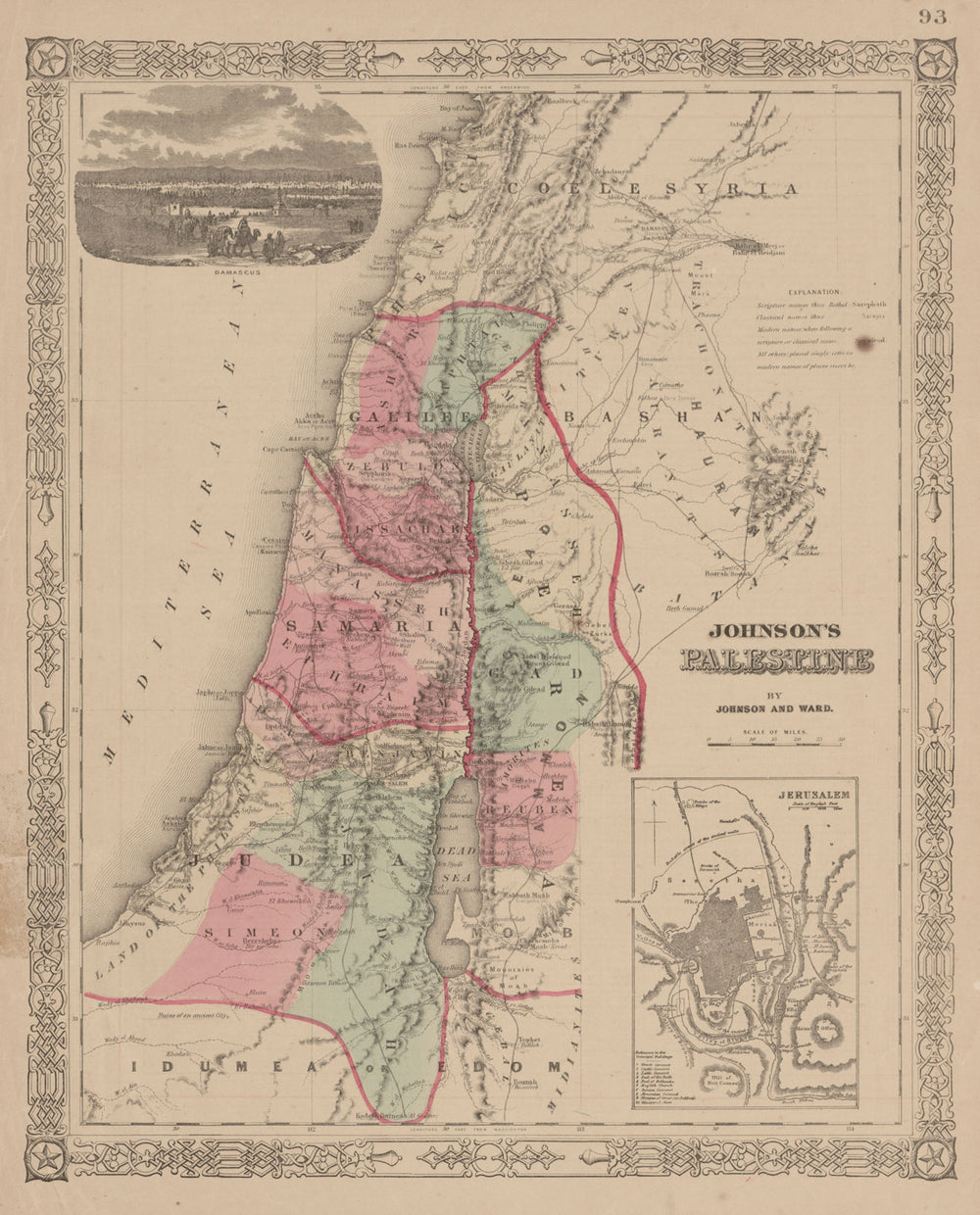 Palestine, by Johnson & Ward. Inset Jerusalem. Israel Holy Land c1865 old map
